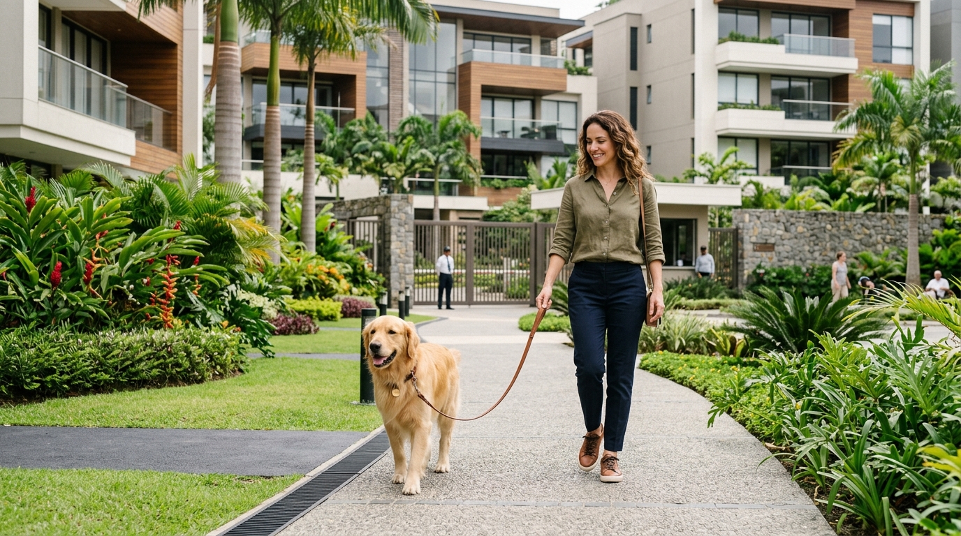Perro caminando con correa relajada en zonas comunes ajardinadas de condominio en Cali