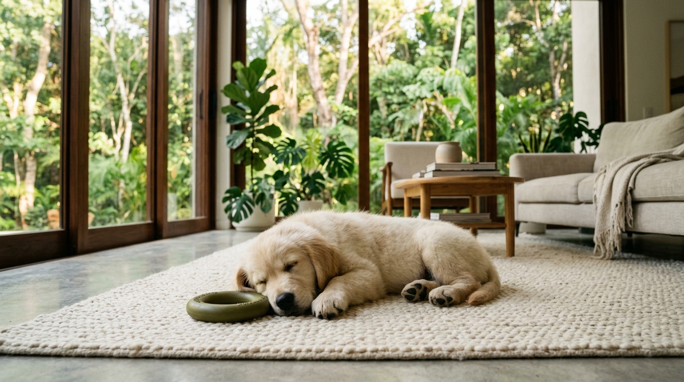 Cachorro descansando tranquilo en alfombra de apartamento iluminado
