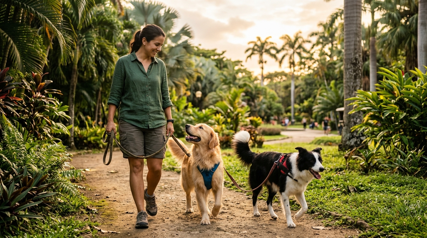 Paseador canino profesional guiando perros con arnés en un parque arbolado de Cali