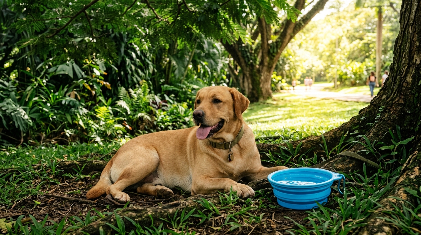 Perro hidratándose con bebedero portátil bajo la sombra de samanes en parque de Cali